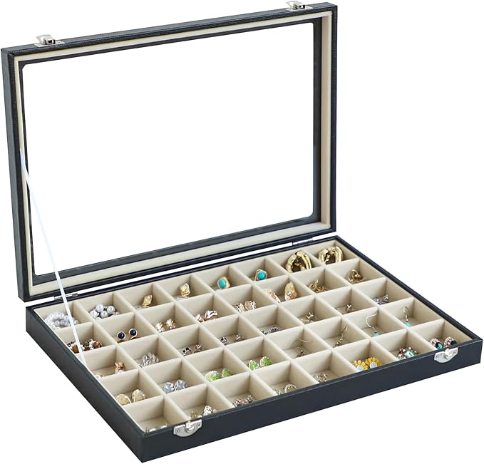 Stratalife Jewelry Organizer 40 Grid Beige Black Jewelry Tray with Clear Dust-proof Lid Velvet Earring Organizer Necklace Rin