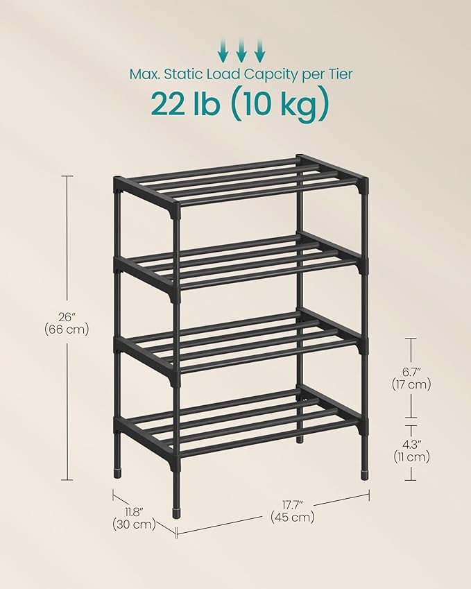 SONGMICS 4-Tier Shoe Rack for Closet, Compact Metal Shoe Organizer Shelf for Entryway, Bedroom, Small Spaces, Stackable, 11.8
