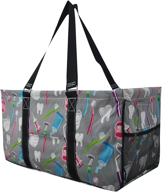 NGIL Extra Large Utility Tote Reusable Grocery Bag Oversized Collapsible for Groceries, Storage, Picnic, Beach (Dentist Print-Black)