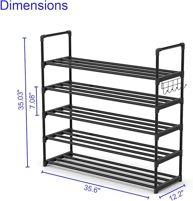 Hsscblet 5 Tiers Metal Shoe Rack,Adjustable Shoe Shelf Storage Organizer with Hooks,Stackable Boot & Shoe Storage,for Entrywa