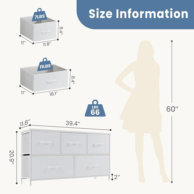 DUMOS Dresser for Bedroom, 5 Storage Drawers, Wide Fabric Closet Chests Organizer Tower Furniture with Wooden Top Metal Frame