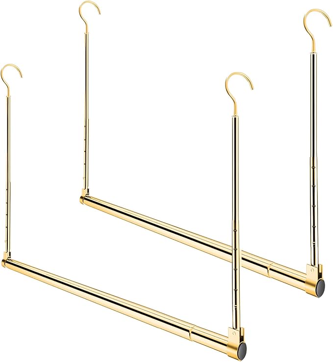 Adjustable Hanging Closet Rod, Extender Hanging Rod, Closet Hanging Organizer, Heavy Duty Closet Bar, Hanging Rod (Gold, 2 Pa