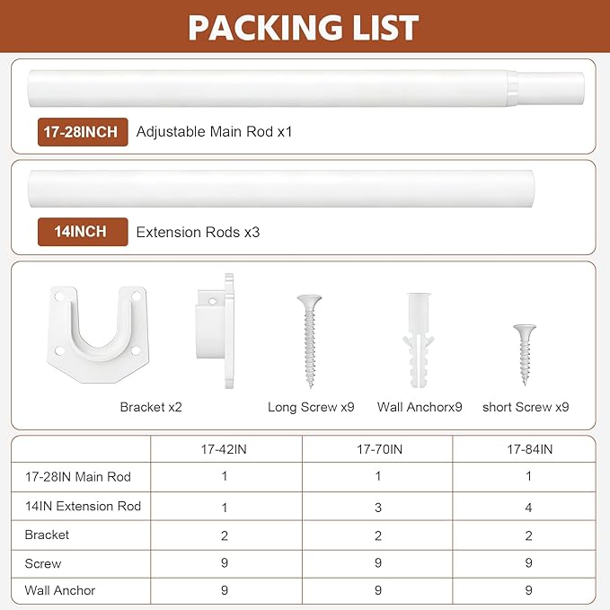 Closet Rods for Hanging Clothes, 17-70 Inch Stepless Adjustable Closet Rod, 1.3 Inch Heavy Duty Metal Clothes Hanging Rod, Ex