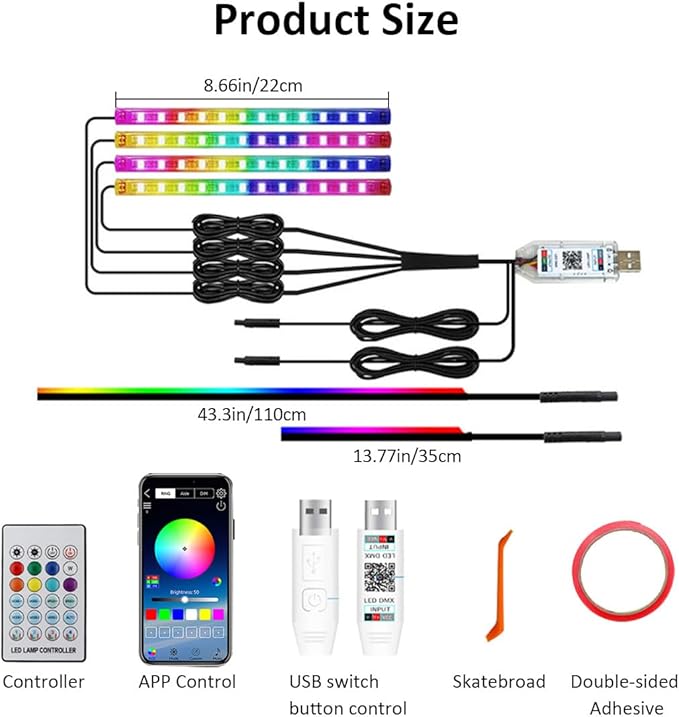 Interior Car LED Strip Light with APP Control,RGB 6 in 1 Neon Ambient Lighting Kits,Under Dash Footwell Automotive Strip Light,Car Ambient Lighting with Music Sync Dynamic Dreamcolor Chasing