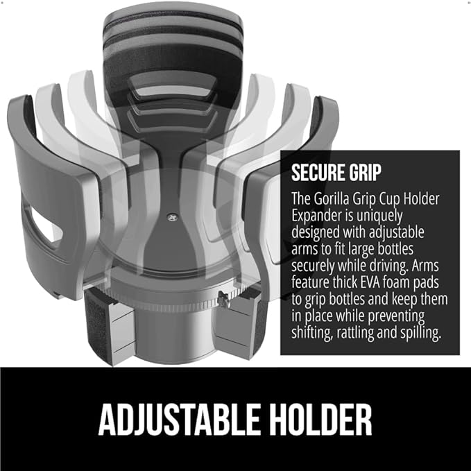GORILLA GRIP Patent Pending Adjustable Car Cup Holder Expander, Keeps Water Bottle Secure, Expands to Fit 18 to 48 oz Large B
