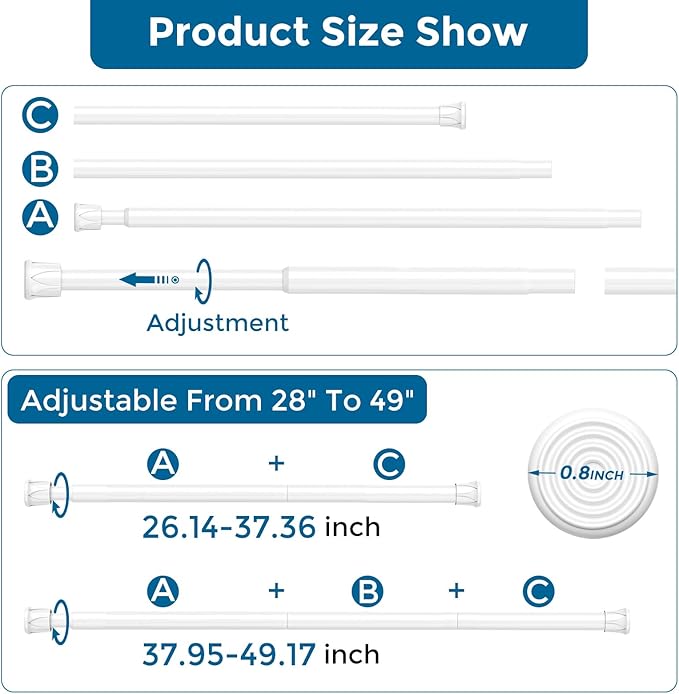 AIZESI 6PCS Tension Curtain Rod 28 to 48 Inch White No Drilling Adjustable Spring Curtain Rods for Window, Doorway, Closet, B