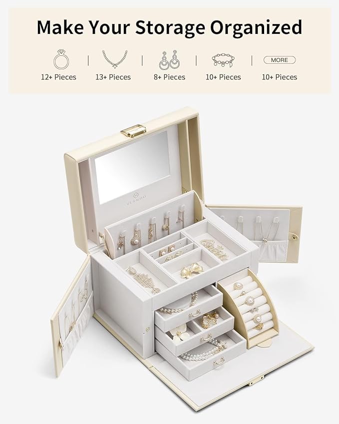 Vlando Jewelry Box Organizer for Girls Women, Large Jewelry Holder Organizer with Mirror, 3 Drawers for Bracelets, Earrings, 