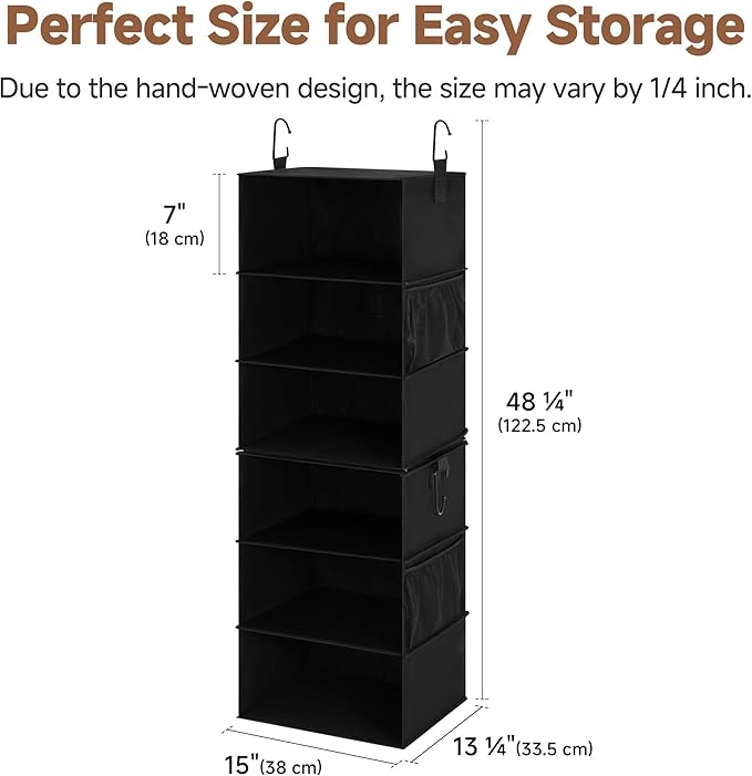 StorageWorks Hanging Closet Organizer 6-Shelf, Jumbo Separable Two 3 Shelf Closet Storage Organizer with Side Pockets, Portab