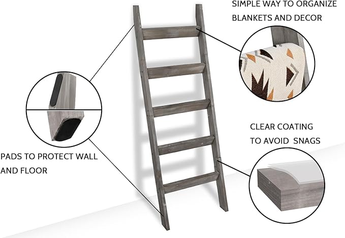 FUIN 5ft (58") Wood Blanket Ladder Living Room Decorative Wall Leaning Farmhouse Quilt Display Holder Storage Rustic Wooden T