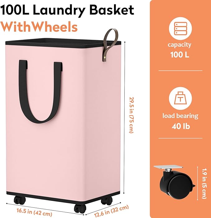SpaceTrove Laundry Basket with Wheels, Collapsible Laundry Baskets, Laundry Hamper with Handles Detachable Wheels, Rolling La