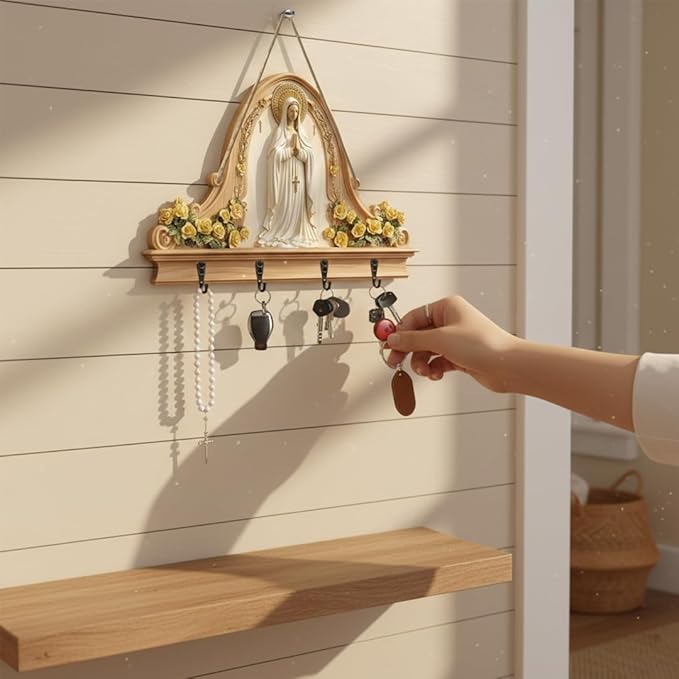 2D Flat Virgin Mary Praying Wall Art Keychain Holder, Rustic Wooden Key Rack with 4 Metal Hooks, Farmhouse Religious Decor fo