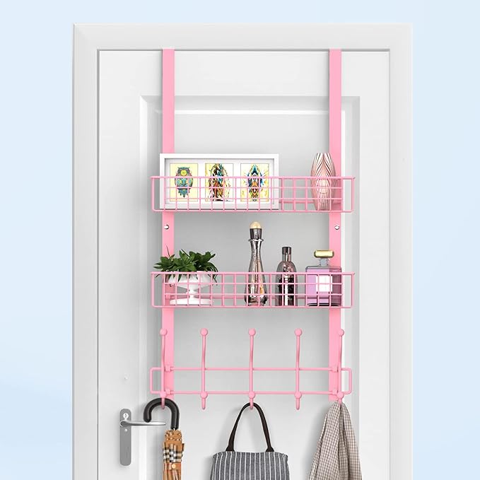 Coat Rack, Over The Door Hanger with Mesh Basket, Detachable Storage Shelf for Towels, Hats, Handbags, Coats (Pink-2 Baskets)