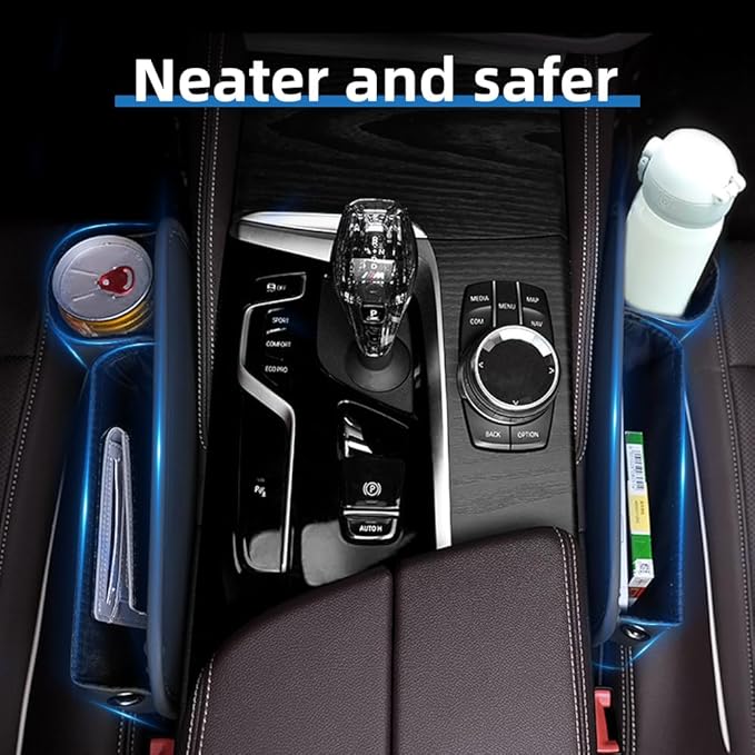Leather Car Seat Gap Organizer, 2 Pack Adjustable Car Seat Storage Box, Car Gap Bag for Phones, Glasses, Keys, Cards(Black Driver's Passenger)