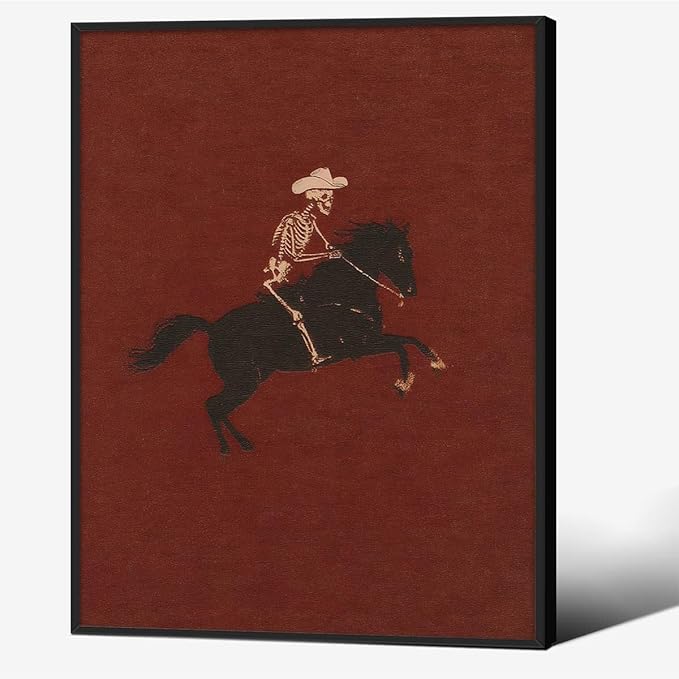 Retro Western Black Framed Wall Art Skeleton Cowboy Poster Vintage Bucking Bronco Prints Quirky Western Horse Rider Painting 