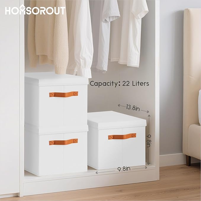 Homsorout Storage Bins with Lids - Fabric Storage Baskets for Shelves, 4 Pack Foldable Decorative Boxes with Handles, Stackab
