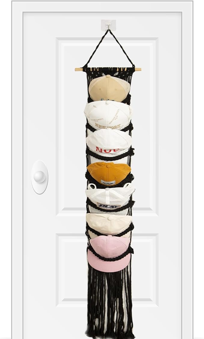 jontell Ball Cap Holder-1 Pack/Up to 14 Caps-Hat Organizer for Baseball Caps Display, Macrame Hat Rack for Wall, Boho Handmad