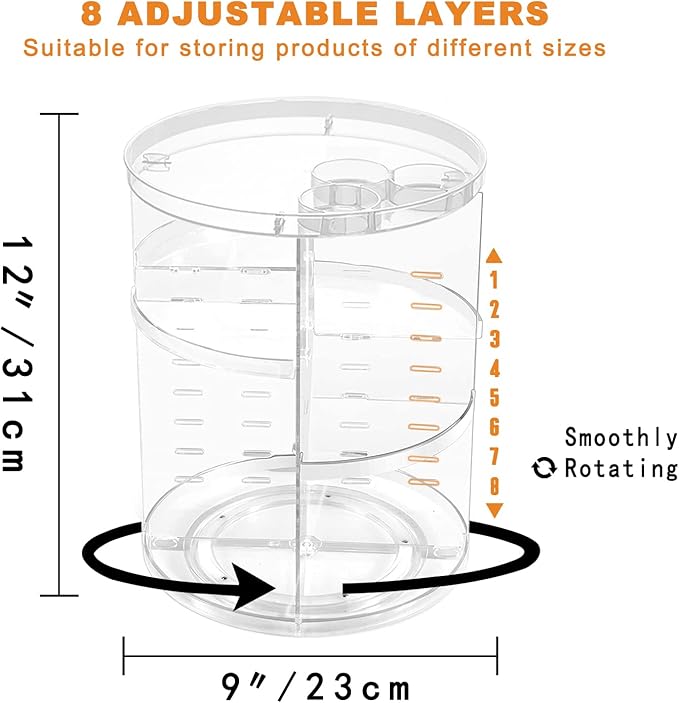 Rotating Makeup Organizer, DIY 8 Adjustable Layers Spinning Skincare Organizer, Cosmetic Display Case with Brush Holder Perfu