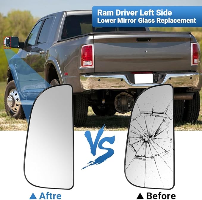 Driver Left Side Lower Mirror Glass Replacement, for 2010-2020 Dodge Ram 1500 2500 3500 4500 5500, Towing Mirrors Convex Glass with Rear Mounting Bracket, 68067731AA