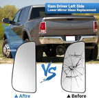 Driver Left Side Lower Mirror Glass Replacement, for 2010-2020 Dodge Ram 1500 2500 3500 4500 5500, Towing Mirrors Convex Glass with Rear Mounting Bracket, 68067731AA