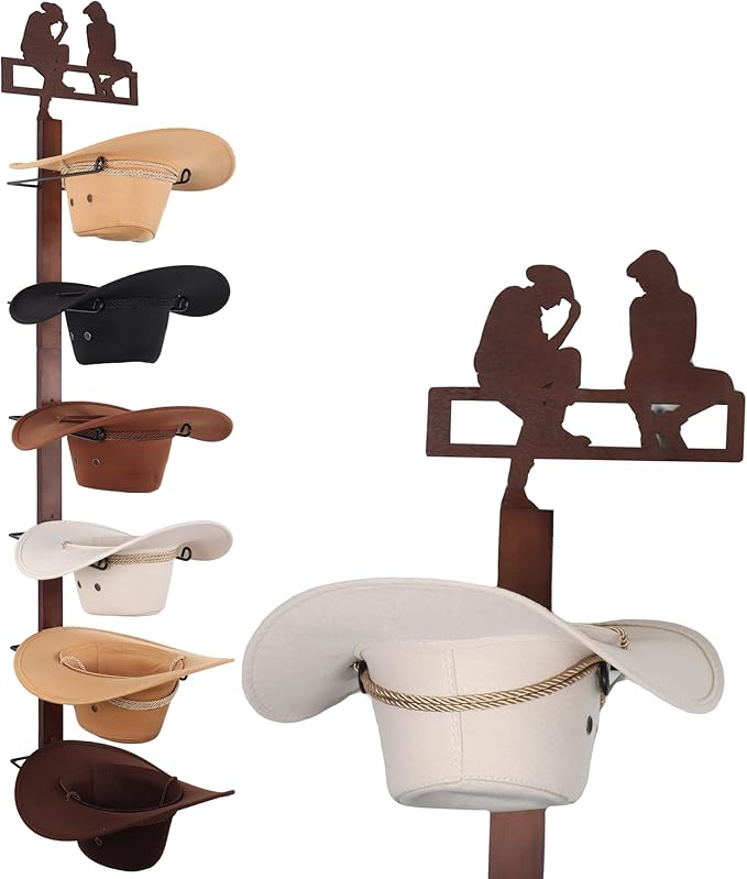 Cowboy Hat Rack Holder for Wall - Wild Western Style Design Hat Organizer with 6 Hat Hooks for Wall Mount, Hat Stand and Hang