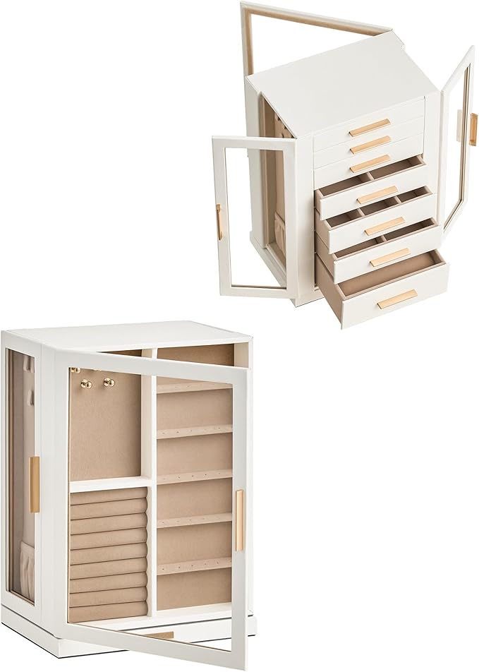 Glimmloop 360° Rotating Jewelry Box with 7 Drawers, Spacious Vertical Jewelry Organizer with Glass Window, Jewelry Storage Ca