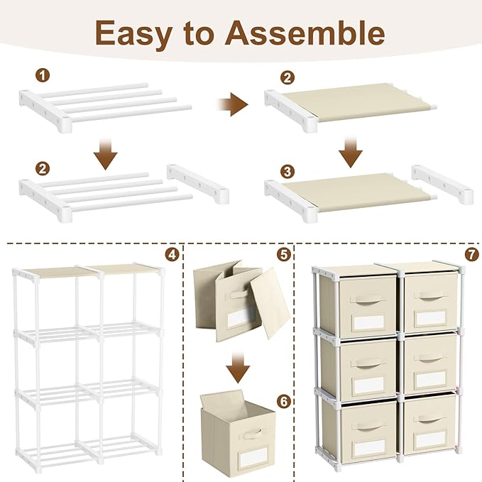Geelin 6 Cube Storage Organizer with Fabric Bins and Labels 11 Inch, Fabric Collapsible Cubby Clothes Storage Drawer Dresser 