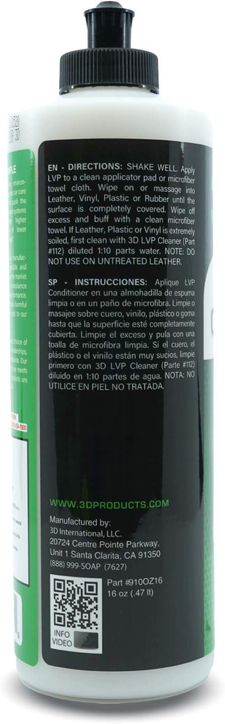 3D Leather, Vinyl & Plastic Conditioner | Restores, Conditions & Protects Car Interiors | Non-Greasy UV Protection for Seats,