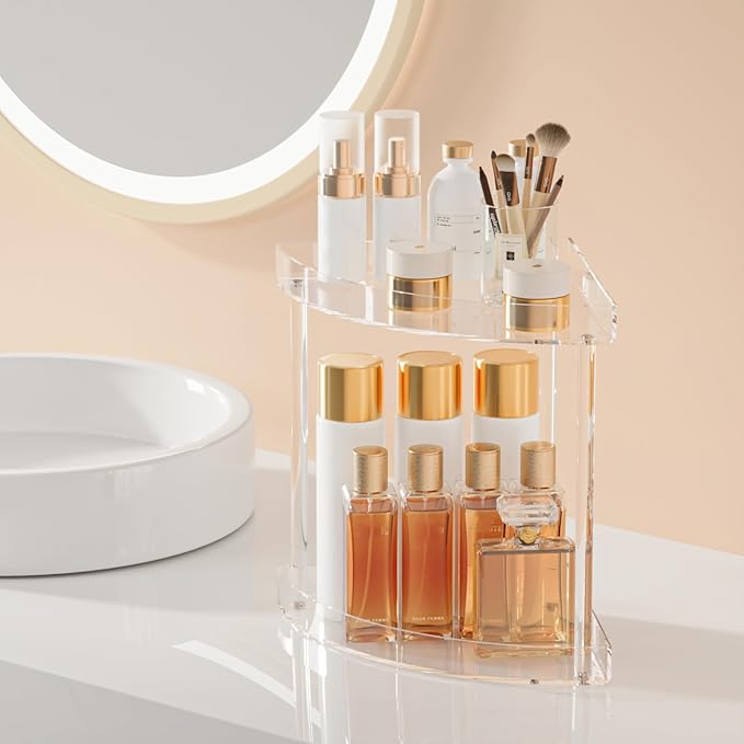Bathroom Counter Organizer Countertop 2 Tier Storage Acrylic Corner Makeup Organizer for Makeup, Perfume, Vanity, Spice Rack,