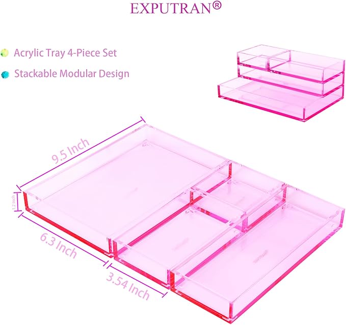 4-Piece Stackable Pink Acrylic Desk Organizer for Office or Home Desk Drawer Dividers, Makeup Vanity Storage Bins, Accessory 