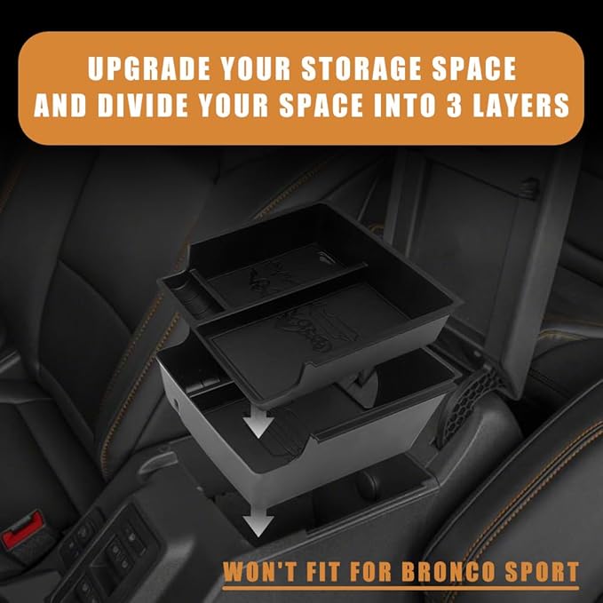 TripleAliners Center Console Organizer Compatible with 2021-2024 Ford Bronco(No for Sport) Accessories Bronco 2/4-Door Center Console Storage Box ABS Material with Leather Trim(V2_Black)Won't Fit 2025