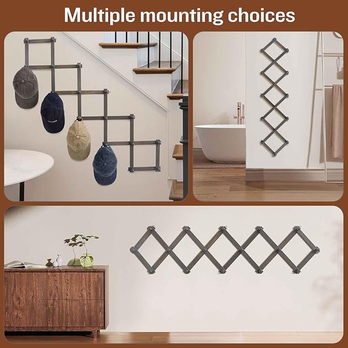 SCUNDA Rustic Wall Mounted Hat Rack with Space Saving Accordion Design, Expandable Hat Holder with 16 Wood Hooks, Modern Farm