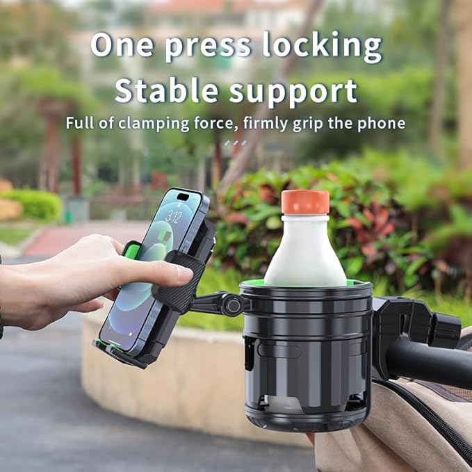 3-in-1 Stroller Cup Phone Holder Attachment, Universal Cup Holder with Adjustable Phone Mount, Double Cup Holder for Walker, 