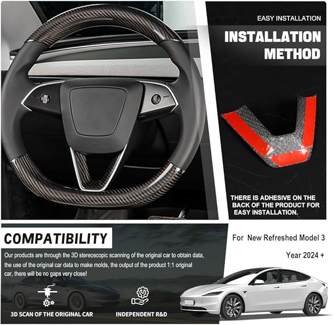 JSWAN Carbon Fiber Steering Wheel Panel Cover Fit for Tesla Refreshed Model 3 Highland Performance (2024+) Model Y Juniper (2025+) Steering Wheel Frame Trim Cover Accessories (Gloss Twill Weave)