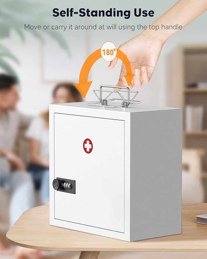 Uniclife Wall Mount Medicine Cabinet with Combination Lock & Handle Locking First Aid Cabinet Lockable Medical Cabinet Medium