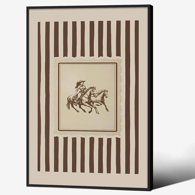 Retro Western Black Framed Wall Art Striped Rodeo Decor Southwest Cowboy Poster Canvas Prints 16x24 in Vintage Stamp Mid West