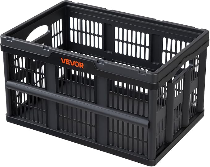 VEVOR Plastic Collapsible Storage Bins, 45L 3 Packs, Stackable Folding Storage Crates with Handles, Holds 33 lbs Per Bin, Fol