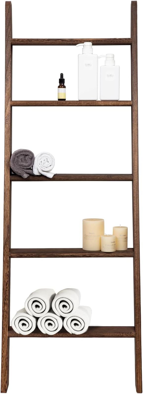 Rustic 5-Tier Wall-Leaning Wood Loadder Towel Racks for Bathroom Livingroom Kithen Office Woden Farmhouse Ladder-Style Blanke