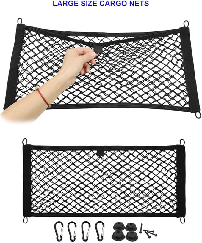 [2 Pack] JAVOedge Large Cargo Net for Car, SUV, Truck, RV, Boat – Elastic Storage Mesh Organizer with Built‑in Hooks, 8 Screws & 8 Carabiners – Heavy‑Duty Trunk Cargo Net & Vehicle Storage Bag