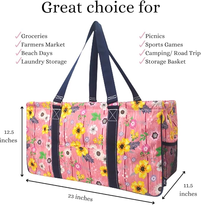 NGIL Extra Large Utility Tote Reusable Grocery Bag Oversized Collapsible for Groceries, Storage, Picnic, Beach (Country Flowers-Navy)