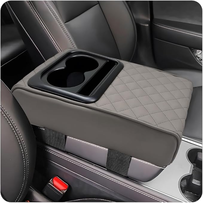 Car Center Console Armrest Pillow, Waterproof Car Armrest Cover Cushion with Cup and Phone Holder, Memory Foam Arm Rest Box Protector for Most Vehicles, Car Accessories (Gray)