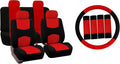 FH Group Car Seat Covers Flat Cloth Automotive Red Full Set, Rear Solid Bench Universal Fit Combo Steering Wheel Cover & Seat Belt Pads Car Seat Protector for Cars Trucks SUV Interior Accessories