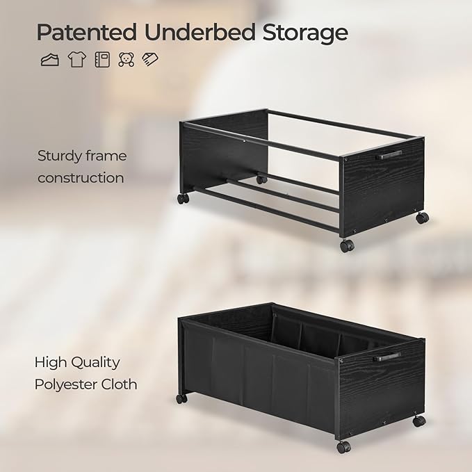 Under Bed Storage with Wheels, Wooden Under Bed Drawers On Wheels, Rolling Under Bed Shoe Storage, Space Saving, Black,Quadru