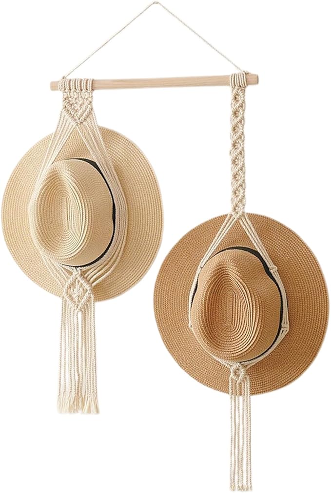 Tissting Macrame Hat Hangers Boho Hat Rack for Wall Hat Holder Display Organizer Bobo Hanging Hat Organizer Storage for Wide 