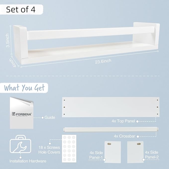 Forbena 24 Inch Wall Bookshelf for Kids Bedroom Set of 4, White Floating Nursery Book Shelves for Baby Toddler Children Girls