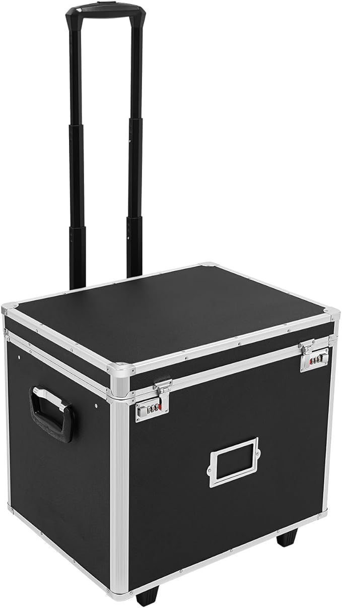 Locking File Storage Box with Telescopic Handle & Wheels - Aluminum Alloy Portable Document Case, Dual Password Security for 