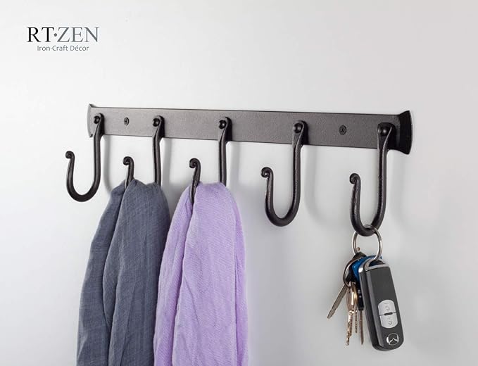 RTZEN Wall Mount Hook Set - Wrought Iron Decorative Rustic Metal Coat Hooks for Hanging - Handcrafted Classic Farmhouse Wall 