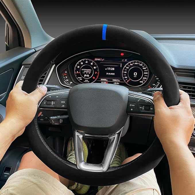 Carodi Suede Steering Wheel Cover ， Non-Slip Leather Car Interior Fitting 15-inch Universal