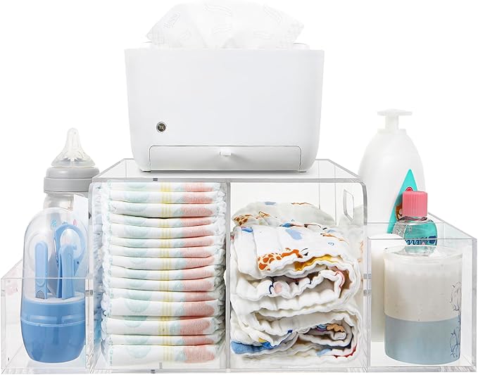 NANYEZH Acrylic Diaper Caddy, Baby Wipes Organizer for Changing Table, Dresser Top Tabletop Organizer with 4 Detachable Compa