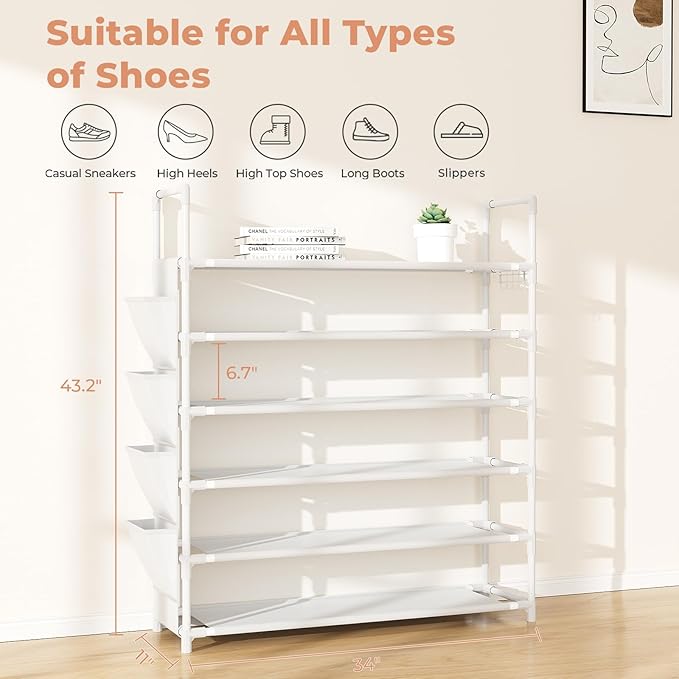 LANTEFUL 6 Tier Shoe Rack Storage for 24-30 Pairs Shoe and Boot, Shoe Organizer with Hook and Side Pocket Free Standing Long 