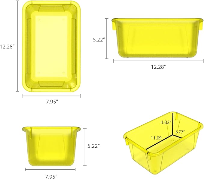 Storex Small Cubby Bins – Plastic Storage Containers for Classroom with Non-Snap Lid, 12.2 x 7.8 x 5.1 inches, Tint Yellow, 5